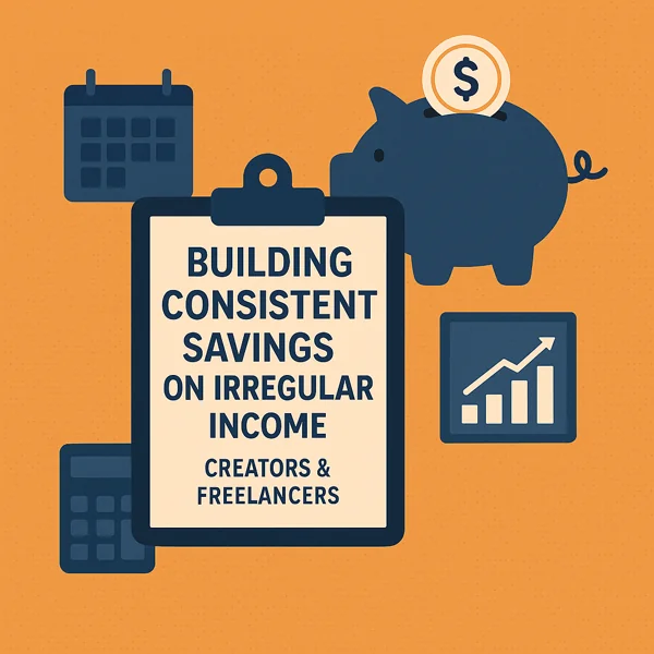 Illustration of a clipboard labeled “Building Consistent Savings on Irregular Income” surrounded by a piggy bank, calendar, calculator, and growth chart, symbolizing financial planning for creators and freelancers.