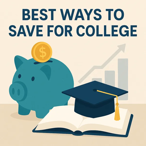 A teal piggy bank with a gold coin, a graduation cap on an open book, and a rising bar chart representing smart college savings.