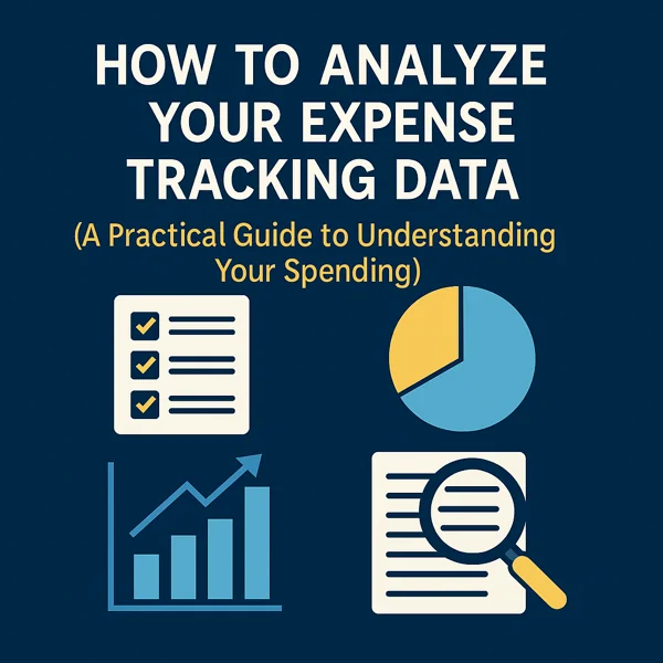 A clean financial infographic featuring a checklist, pie chart, bar graph, and magnifying glass, illustrating how to analyze expense tracking data.