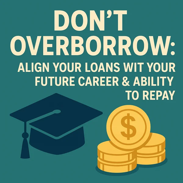 Stylized financial planning graphic showing scales, charts, and graduation icons representing college borrowing decisions and ROI.