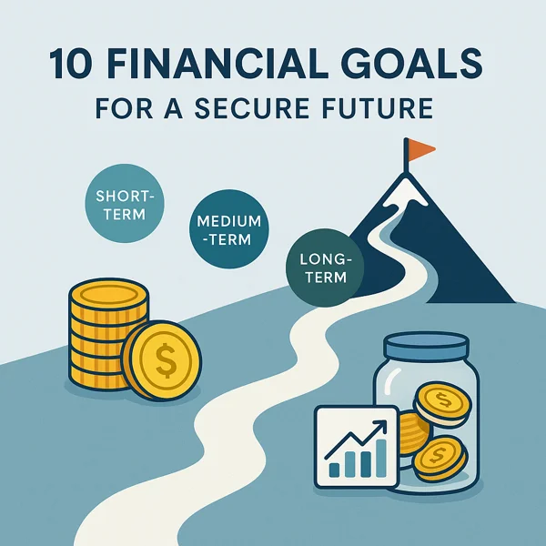 Flat-style infographic of a financial roadmap leading to a mountain summit, symbolizing short-, medium-, and long-term financial goals.