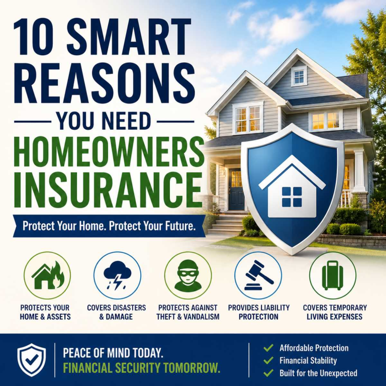 Infographic showing a house with protection icons highlighting 10 smart reasons to get homeowners insurance including fire, theft, liability, and financial protection