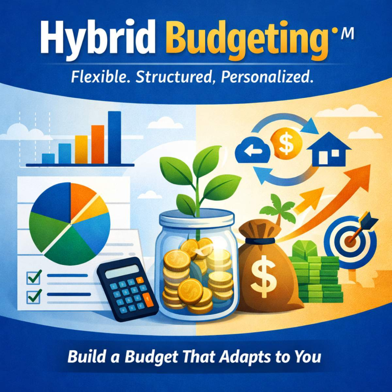 Hybrid budgeting illustration showing a flexible and structured financial system with charts, savings jar, and financial growth elements