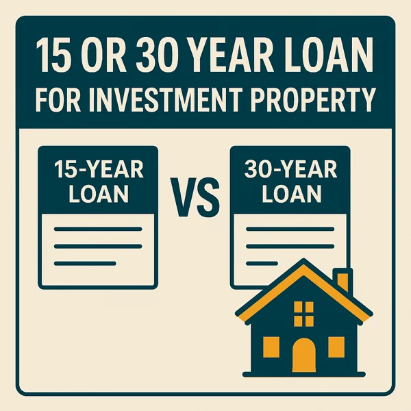 Graphic showing 15-year loan vs. 30-year loan comparison for investment properties with icons of documents and a rental house.