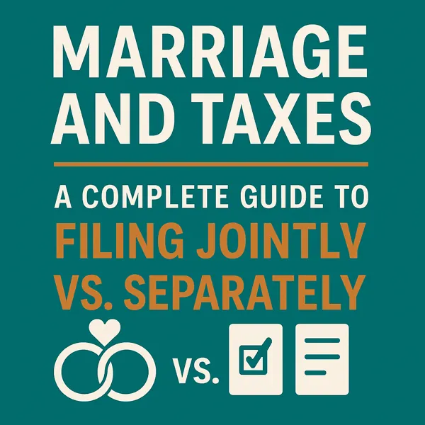 Graphic showing two interlocked wedding rings and tax documents representing a comparison of filing jointly versus separately for married couples in 2025–2026.
