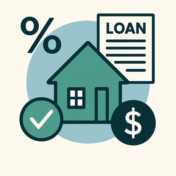 Illustration of a house with loan documents, percentage symbol, checkmark, and dollar sign representing private mortgage financing.