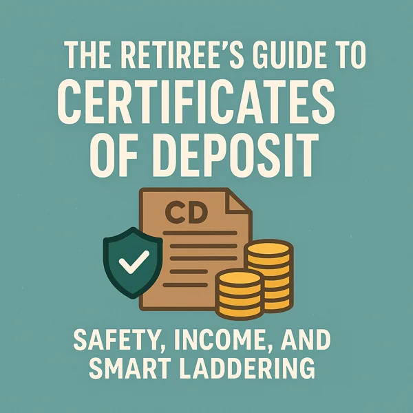 Illustration of a certificate of deposit document with shield and coins, representing CD safety, income, and laddering strategies for retirees