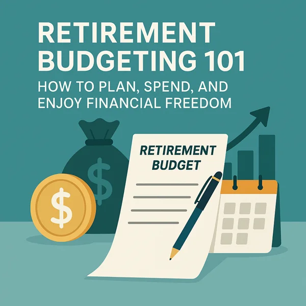 Illustration of a retirement budget sheet with a coin, calendar, and rising bar chart symbolizing financial confidence and planning.