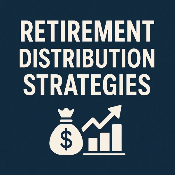 Square graphic displaying the text "Retirement Distribution Strategies" with a simple money icon and growth chart, representing retirement income planning and withdrawal strategy.