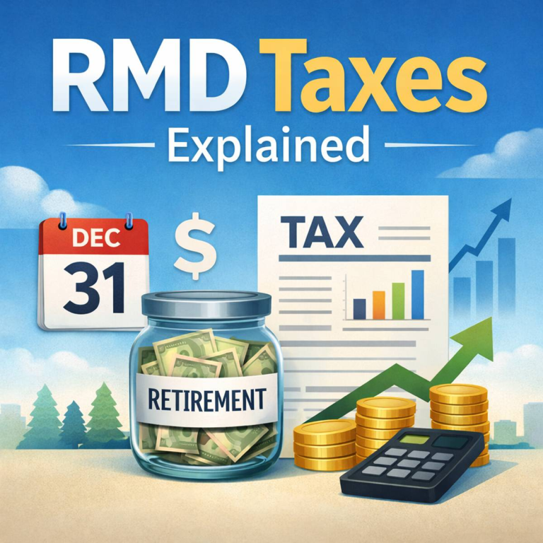 Illustration showing required minimum distributions (RMDs) and how retirement withdrawals are taxed as income with financial symbols and charts