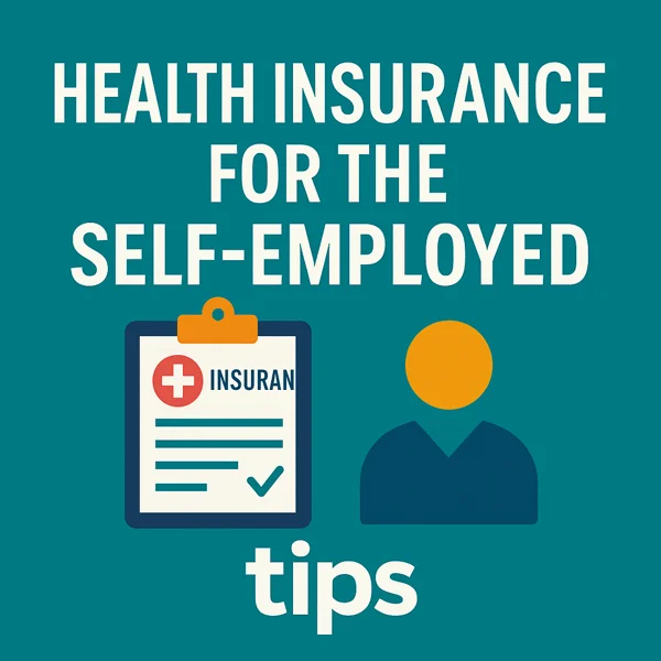 A self-employed professional reviews health insurance plans on a laptop surrounded by paperwork and coffee in a bright home office.