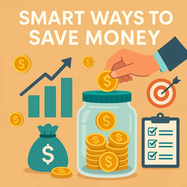 Illustration of a hand placing coins into a jar labeled savings, surrounded by a graph, dollar signs, and checklist icons.
