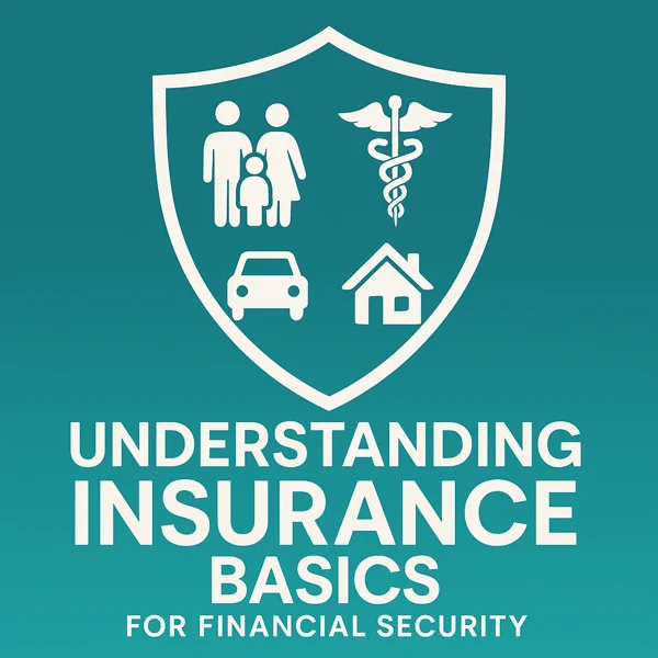Shield graphic illustrating icons for life, health, auto, and home insurance on a teal background, symbolizing financial protection and stability.