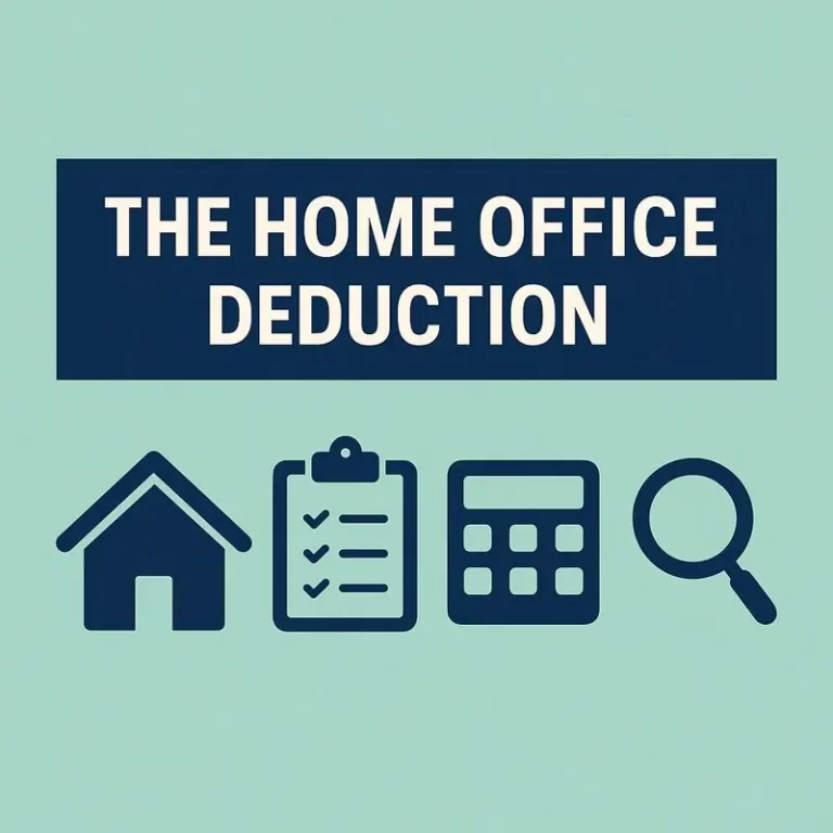 Illustration representing the home office deduction with icons of a house, checklist, calculator, and magnifying glass