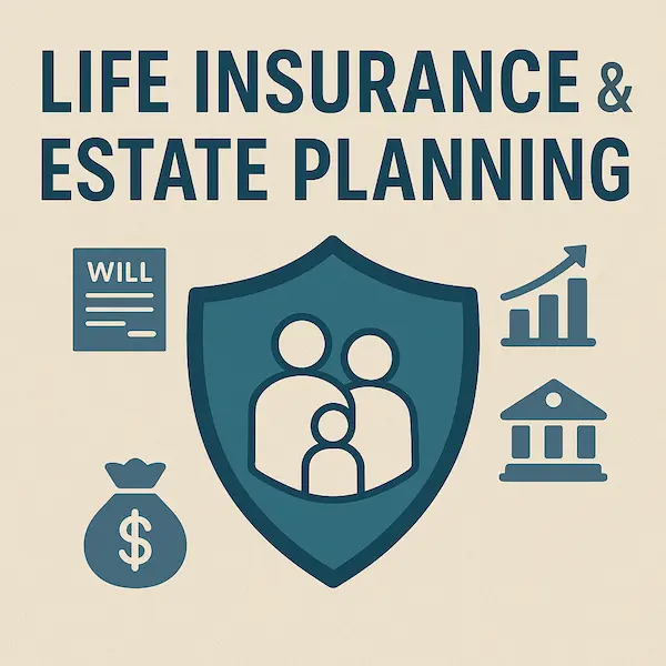 Shield icon with a family symbol surrounded by estate planning elements including a will, financial growth chart, bank icon, and money bag, representing how life insurance supports estate planning and legacy protection.