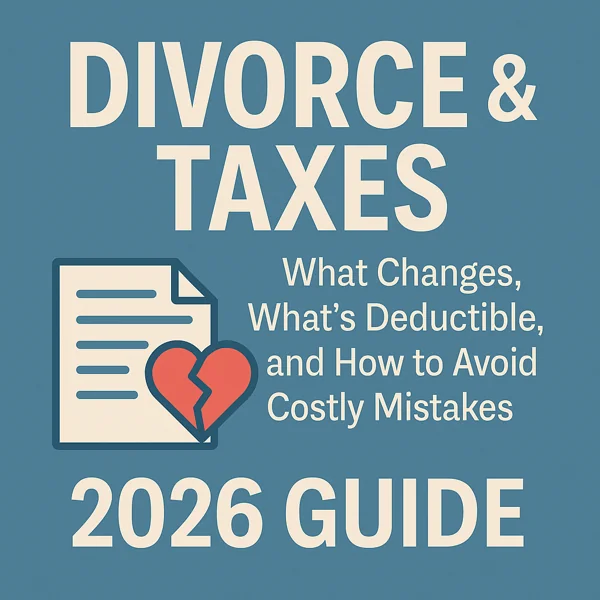 Graphic featuring “Divorce & Taxes: 2026 Guide” with an icon of a broken heart over a tax document, illustrating a financial planning guide for navigating divorce-related tax changes.