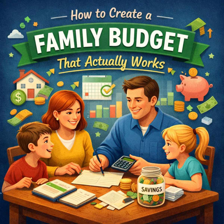 Family sitting together creating a household budget with calculator, savings jar, and financial planning tools
