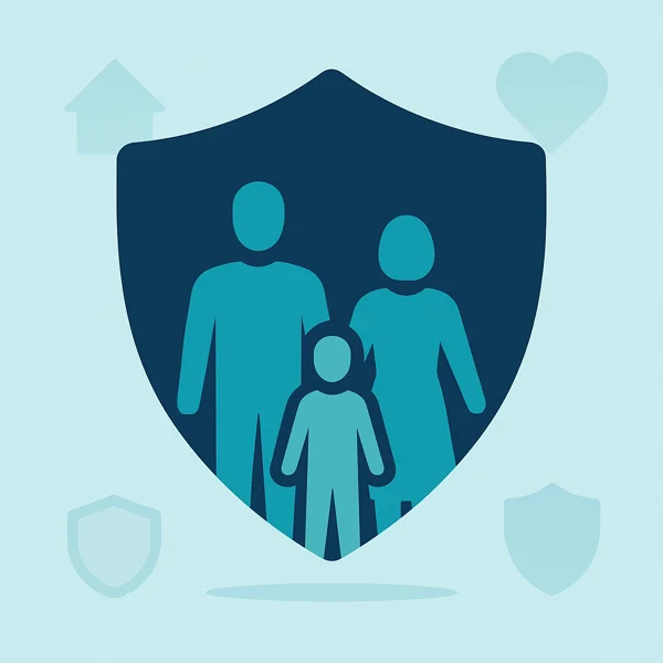 Silhouette of a family under a shield icon representing life insurance protection and financial security.