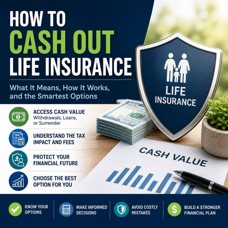 Infographic explaining how to cash out life insurance, including withdrawals, loans, surrender options, tax considerations, and cash value concepts