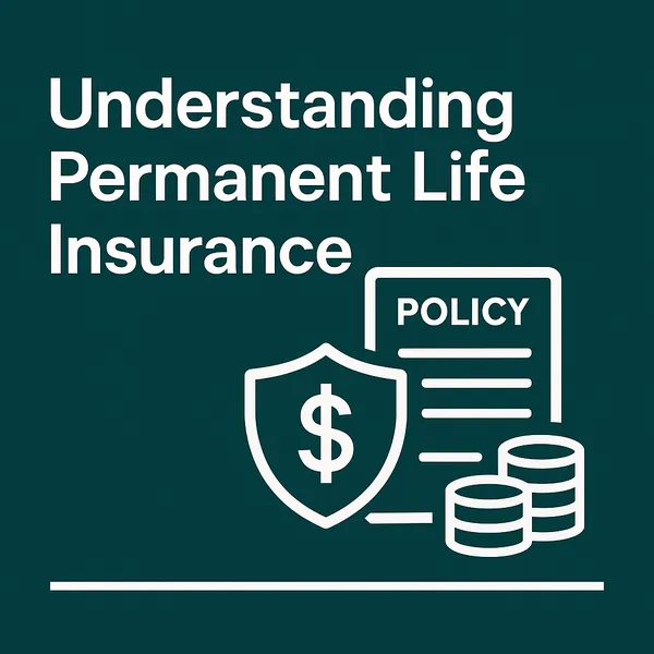 Illustration of permanent life insurance with shield icon, policy document, and financial symbols