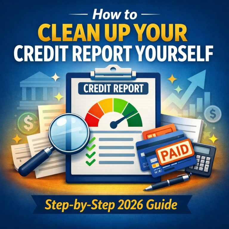 Illustration of a credit report checklist with a rising credit score gauge, magnifying glass, credit cards, and calculator representing DIY credit cleanup and score improvement.