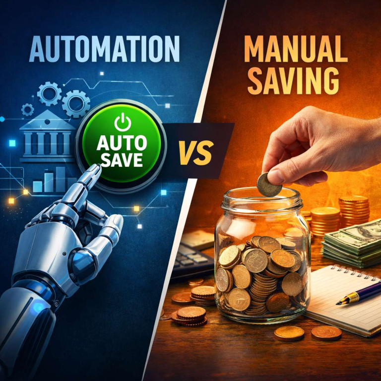 Split image showing automated saving with a robot pressing an auto-save button versus manual saving with a person placing coins into a jar