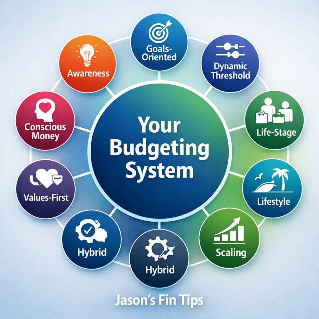 Diagram showing 10 budgeting frameworks used to build a personalized budgeting system