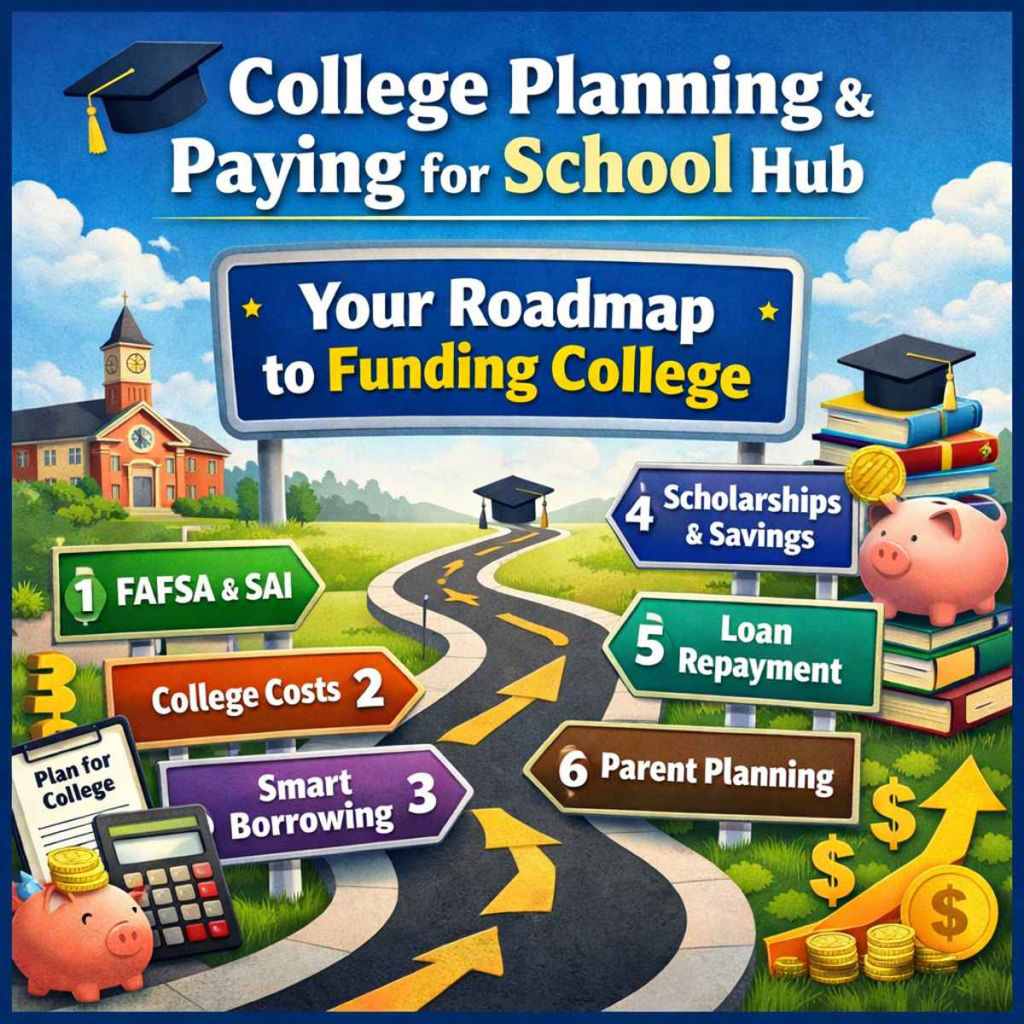 College planning roadmap illustration showing FAFSA, college costs, student loans, scholarships, and repayment strategy