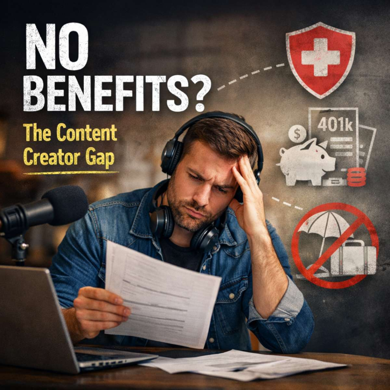 Content creator reviewing bills with no employee benefits, highlighting challenges like health insurance, retirement savings, and lack of paid time off