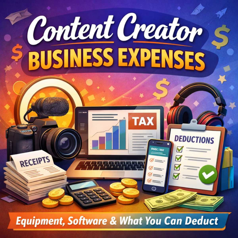 Illustration of content creator business expenses including camera, laptop, microphone, receipts, and tax deductions checklist