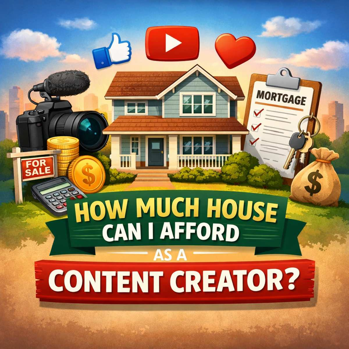 Illustration of a house with content creator symbols such as a camera, social media icons, money, and mortgage paperwork showing home affordability for a content creator.