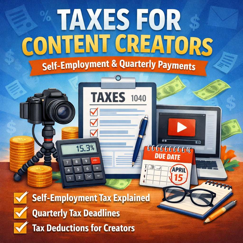 Illustration showing taxes for content creators including self-employment tax, quarterly tax payments, and creator income tools like cameras and calculators.