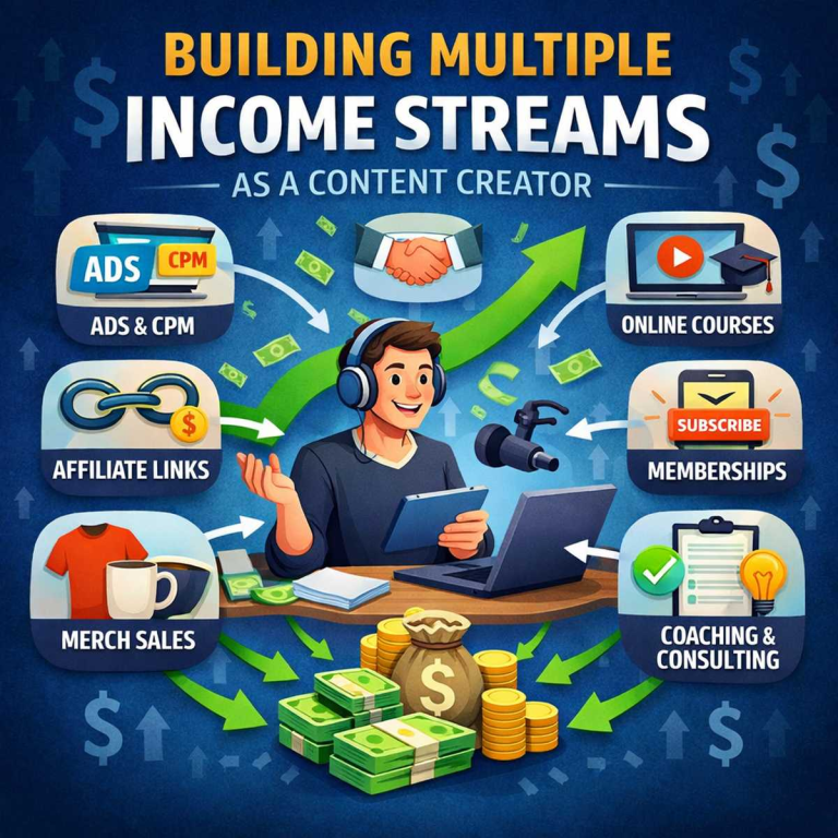 Illustration showing multiple income streams for content creators including ads, sponsorships, affiliate marketing, courses, memberships, and consulting.