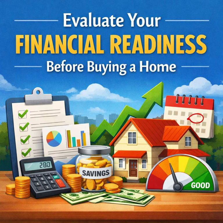 Illustration showing financial readiness for buying a home with a checklist, calculator, savings jar, house, and financial charts.
