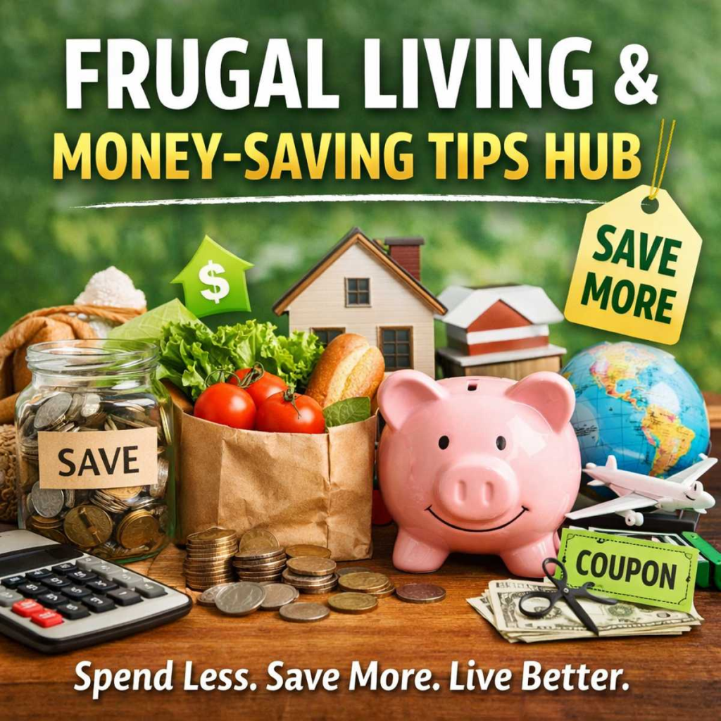 Frugal living concept with piggy bank, savings jar, groceries, coupons, and calculator representing money-saving strategies
