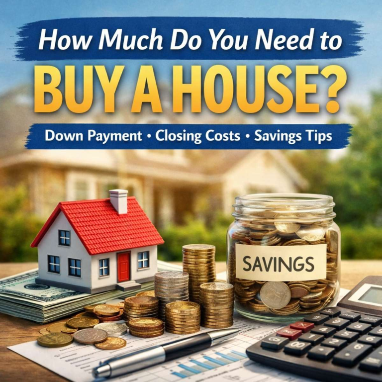 Illustration of saving for a home with a house model, coins, and a savings jar representing down payment and closing costs