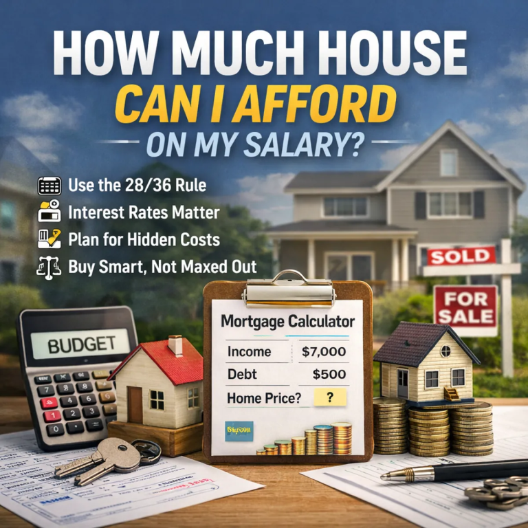 Illustration showing a mortgage affordability concept with a calculator, house model, coins, and a sign asking how much house someone can afford based on their salary.