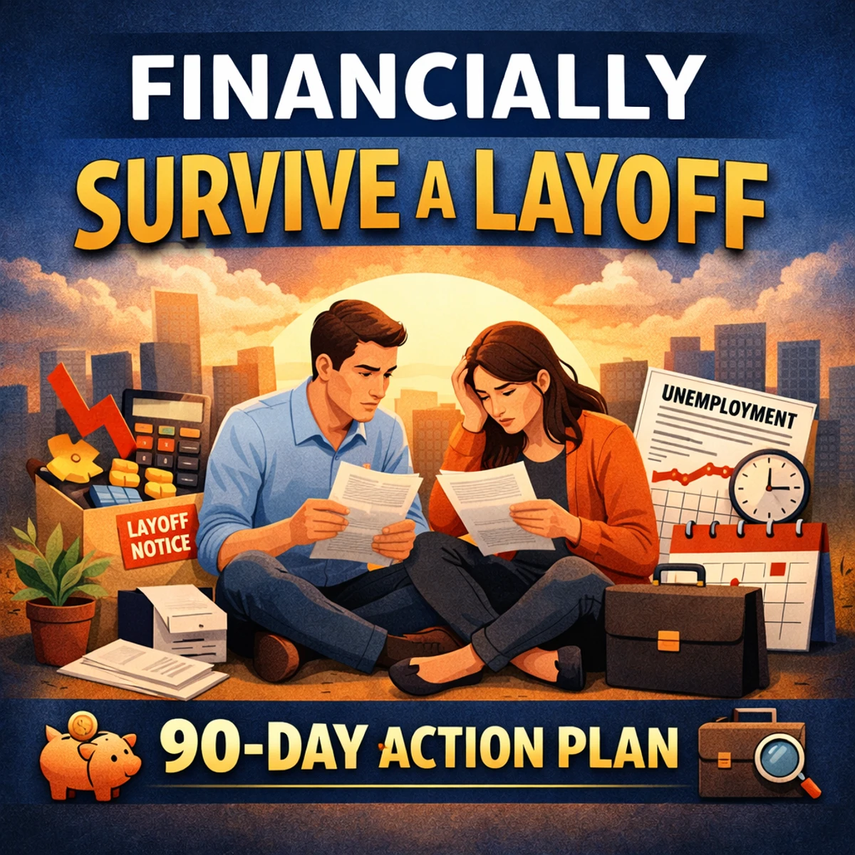 Illustration of a couple reviewing layoff paperwork with financial documents and a 90-day action plan concept for surviving job loss.