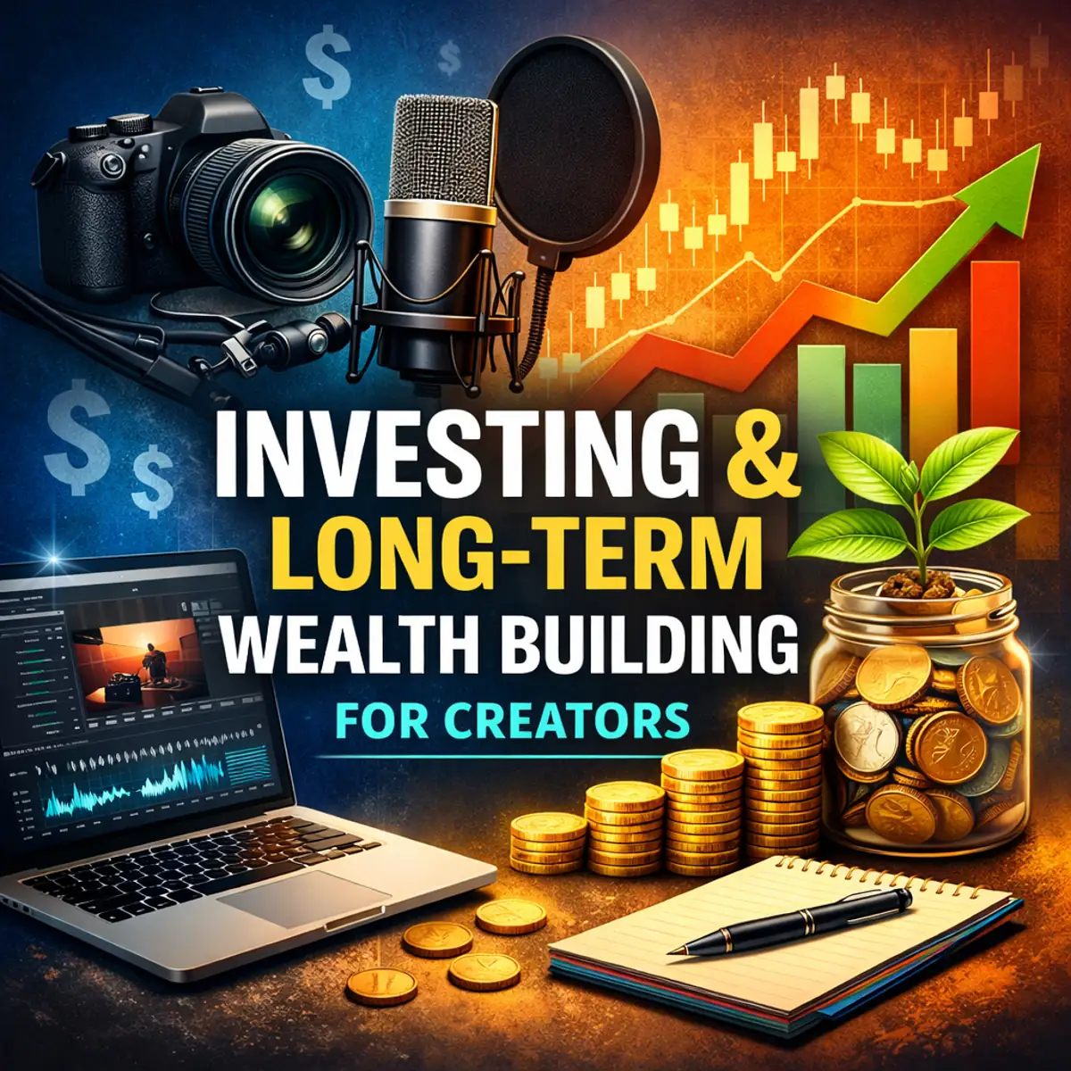 Illustration showing investing and long-term wealth building for content creators with camera, microphone, laptop, and growing investment chart.