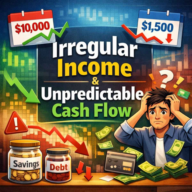Illustration showing fluctuating income for content creators with earnings rising and falling between $10,000 and $1,500, highlighting financial instability and cash flow challenges