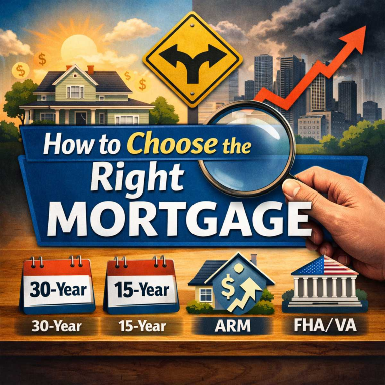 Illustration showing how to choose the right mortgage with options including 30-year, 15-year, ARM, and FHA or VA loans