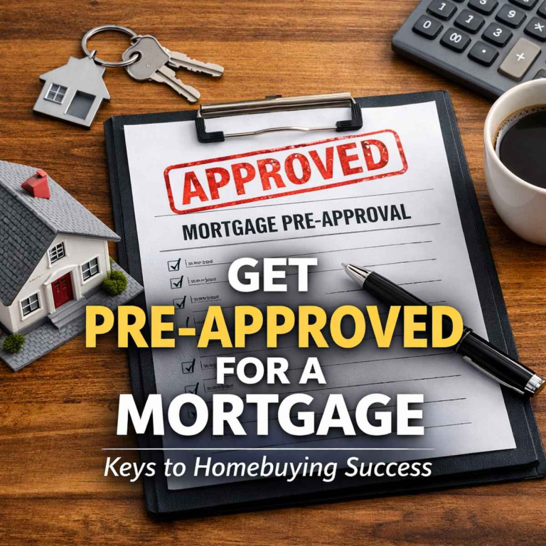 Mortgage pre-approval checklist with approved stamp, house model, keys, and calculator on desk