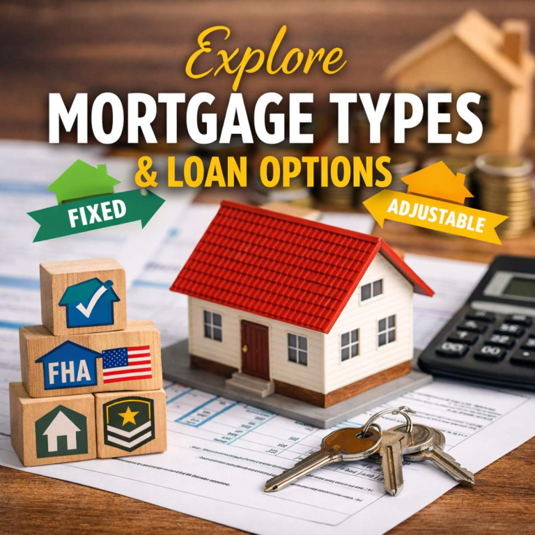 Mortgage types and loan options including FHA, VA, fixed-rate, and adjustable-rate mortgages with house and financial documents