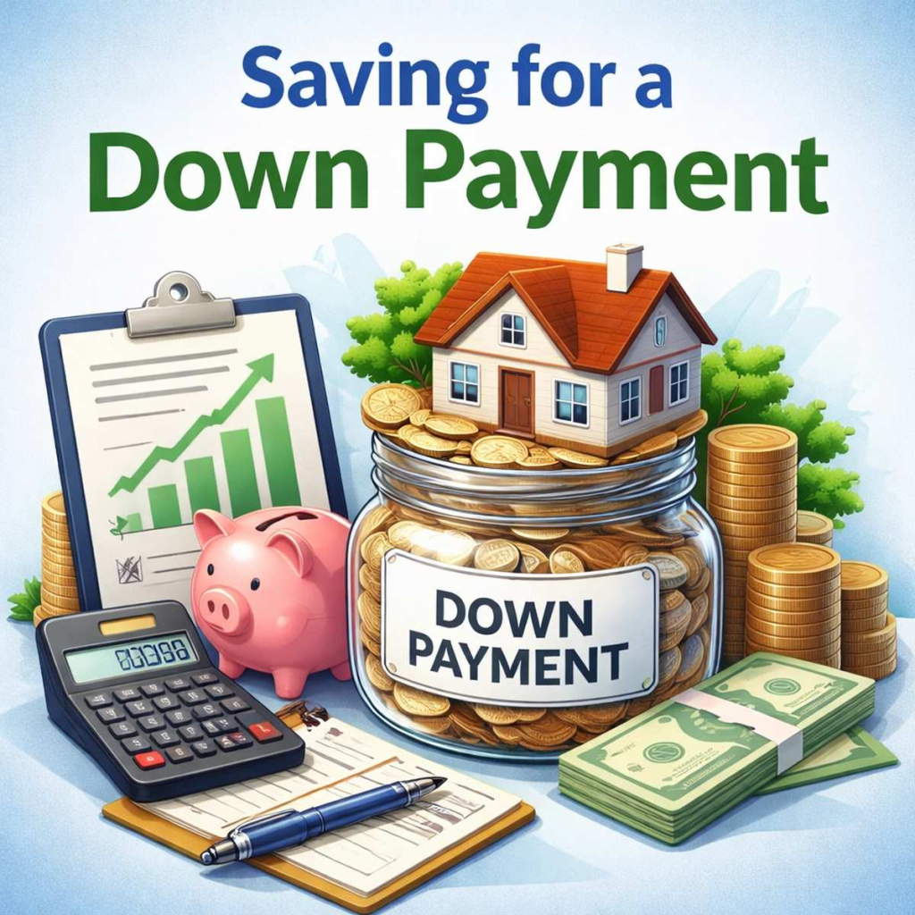 Illustration of a house sitting on a jar of coins labeled down payment with calculator, piggy bank, and savings chart representing saving money to buy a home.