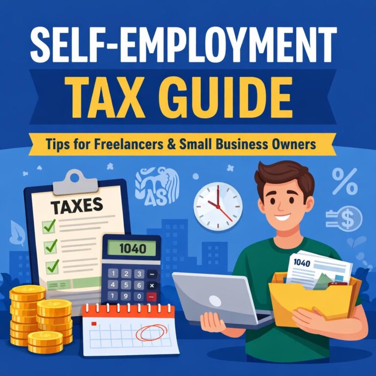 Illustration of freelancer managing self-employment taxes with calculator, tax forms, and quarterly payment calendar