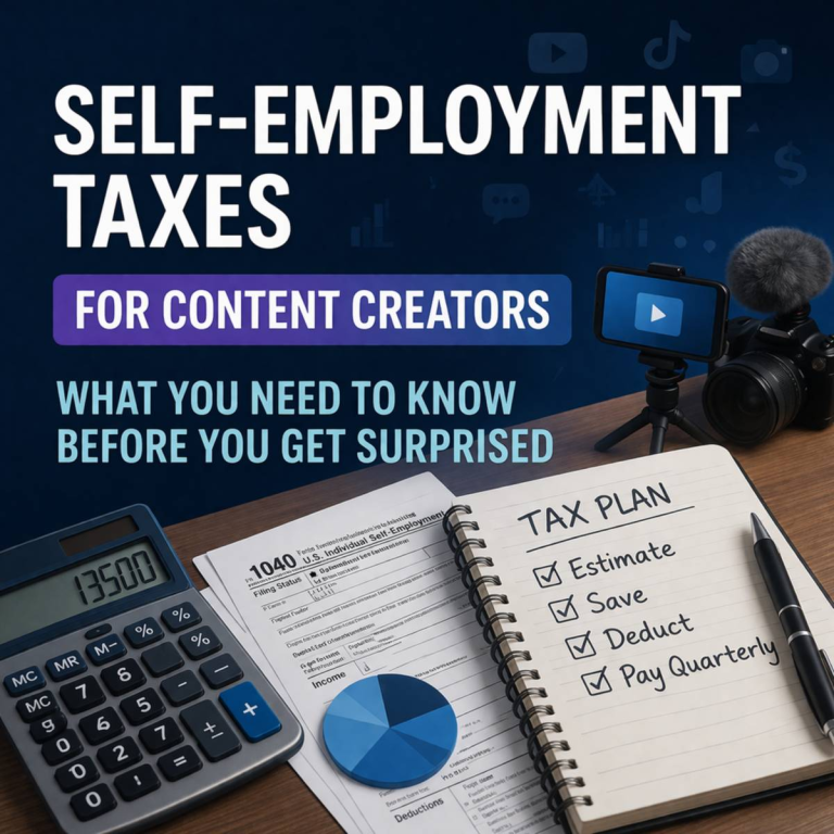 Self-employment taxes for content creators illustration with calculator, tax plan notebook, and financial planning tools