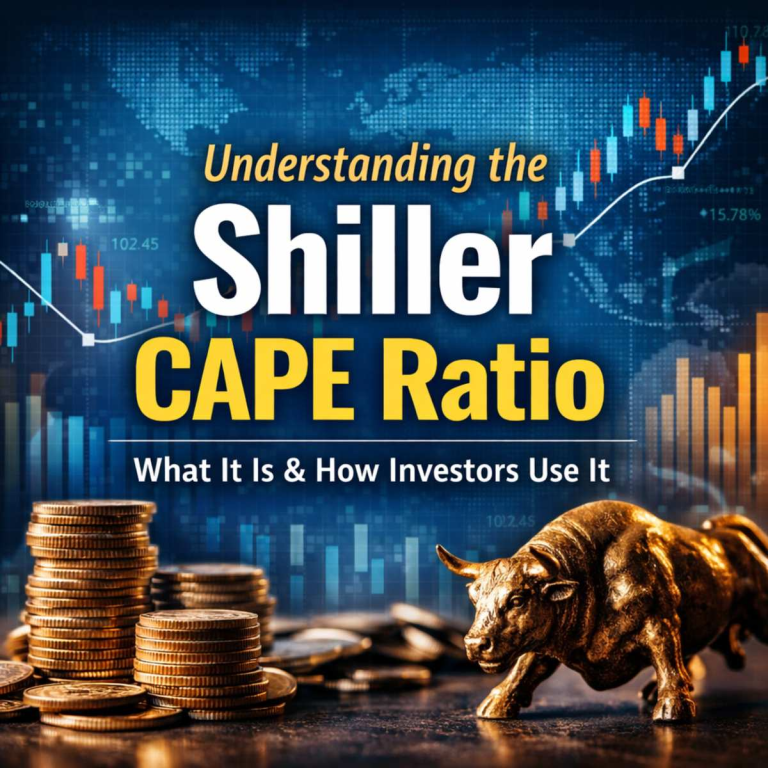 Illustration of the Shiller CAPE ratio concept showing stock market charts, coins, and a bull statue representing market valuation and long-term investing.
