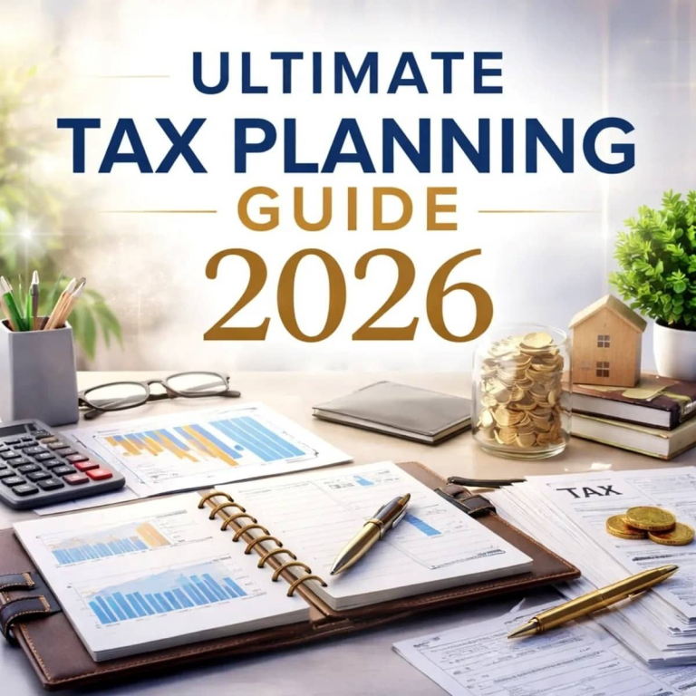 Tax planning desk with financial charts, calculator, coins, and planner titled Ultimate Tax Planning Guide 2026