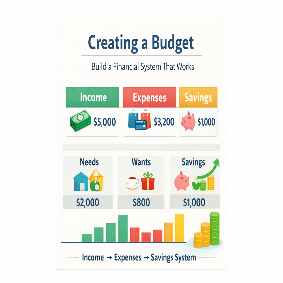 Budget dashboard showing income, expenses, and savings categories in a structured financial system