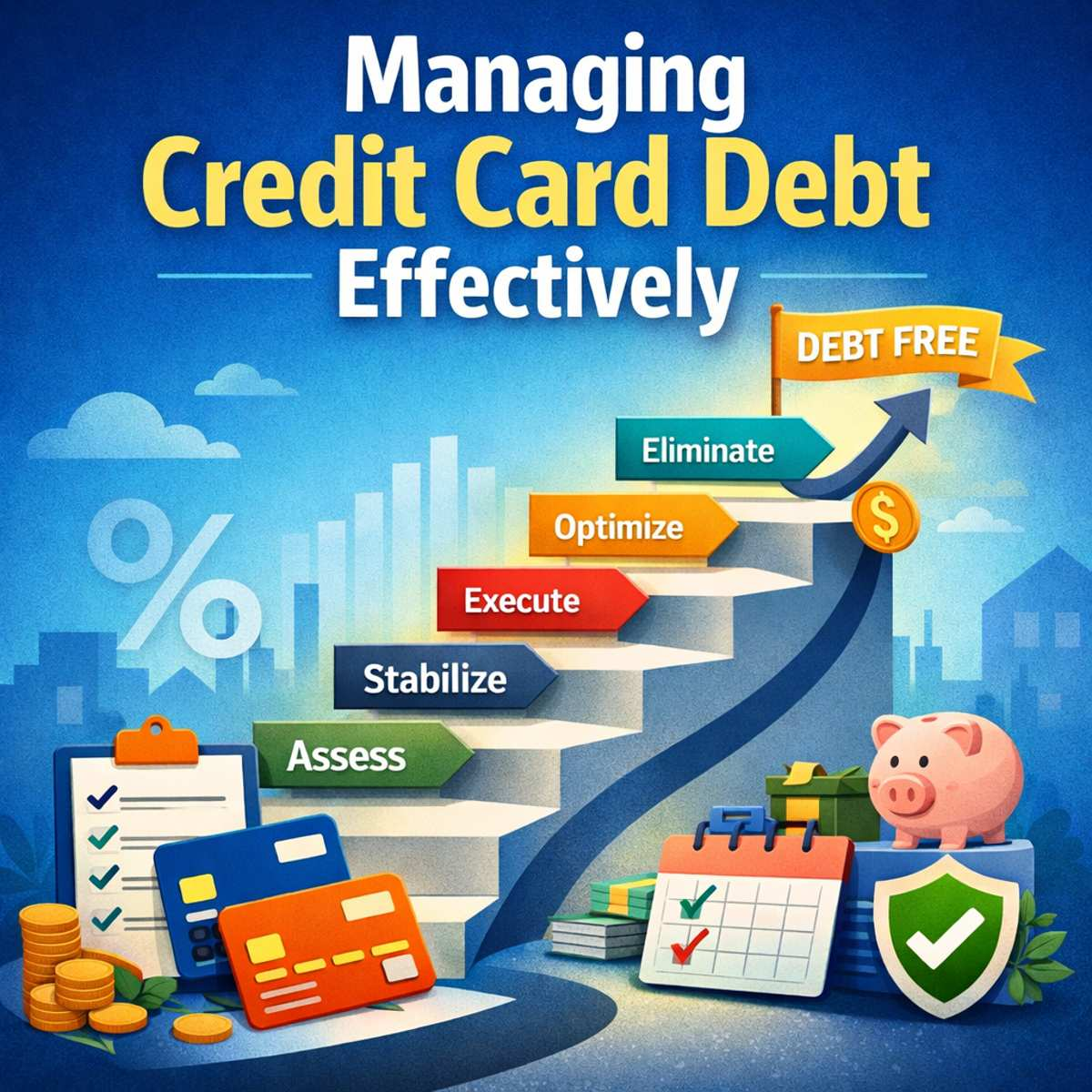 Illustration showing steps to pay off credit card debt including assess, stabilize, execute, optimize, and eliminate with a path to becoming debt free